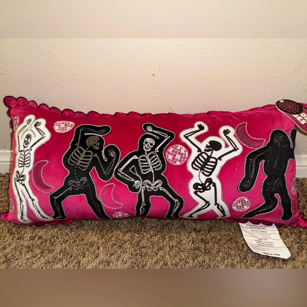 Disco‎ Dancing Skeletons Embroidered Velvet Decorative Scallop Edge Pillow NWT